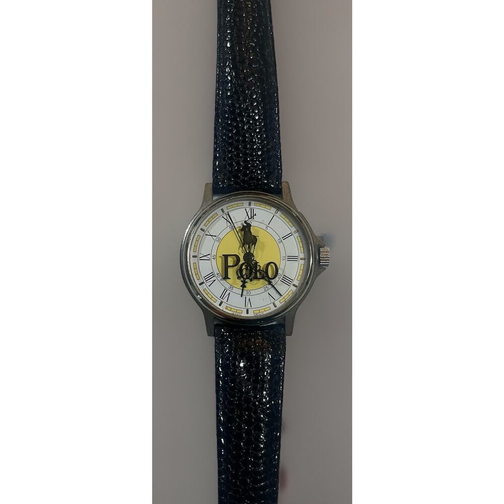 Vintage Polo Watch Gold Tone Case Leather Band w/ Logo Face -WORKS! New Battery!